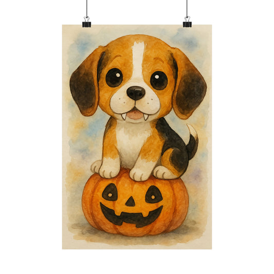 Cute Halloween Puppy Monster Print – Beagle Puppy on Jack-o’-Lantern Pumpkin | Watercolor Dog Wall Art for Fall & Halloween Décor