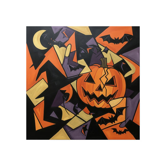 Halloween Cubist Abstract Fine Art Print – Geometric Pumpkin & Bat Wall Art Poster, Modern Spooky Autumn Decor