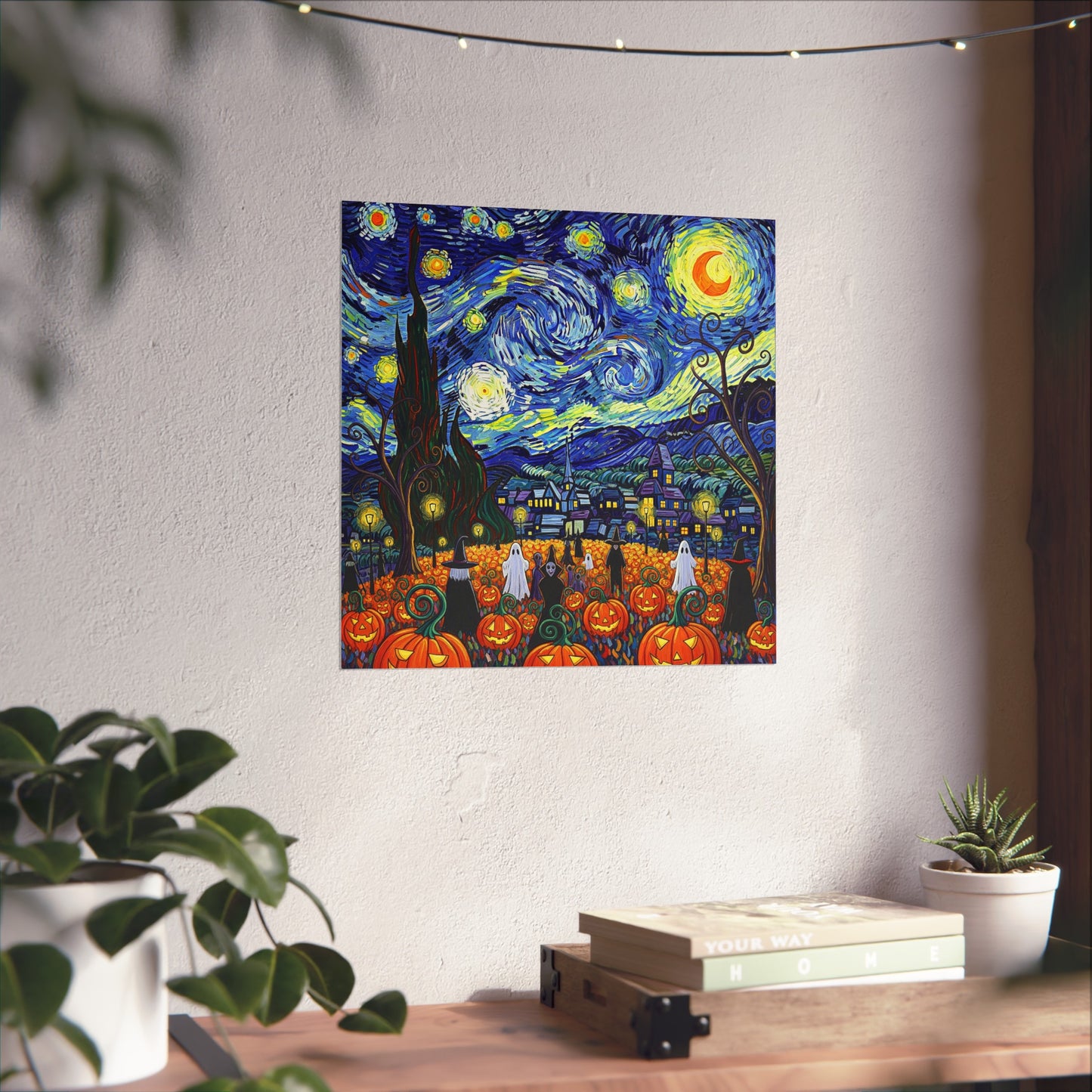 Halloween Starry Night Fine Art Print – Post-Impressionist Pumpkin Patch & Ghosts Wall Art Poster, Haunted Autumn Village Decor