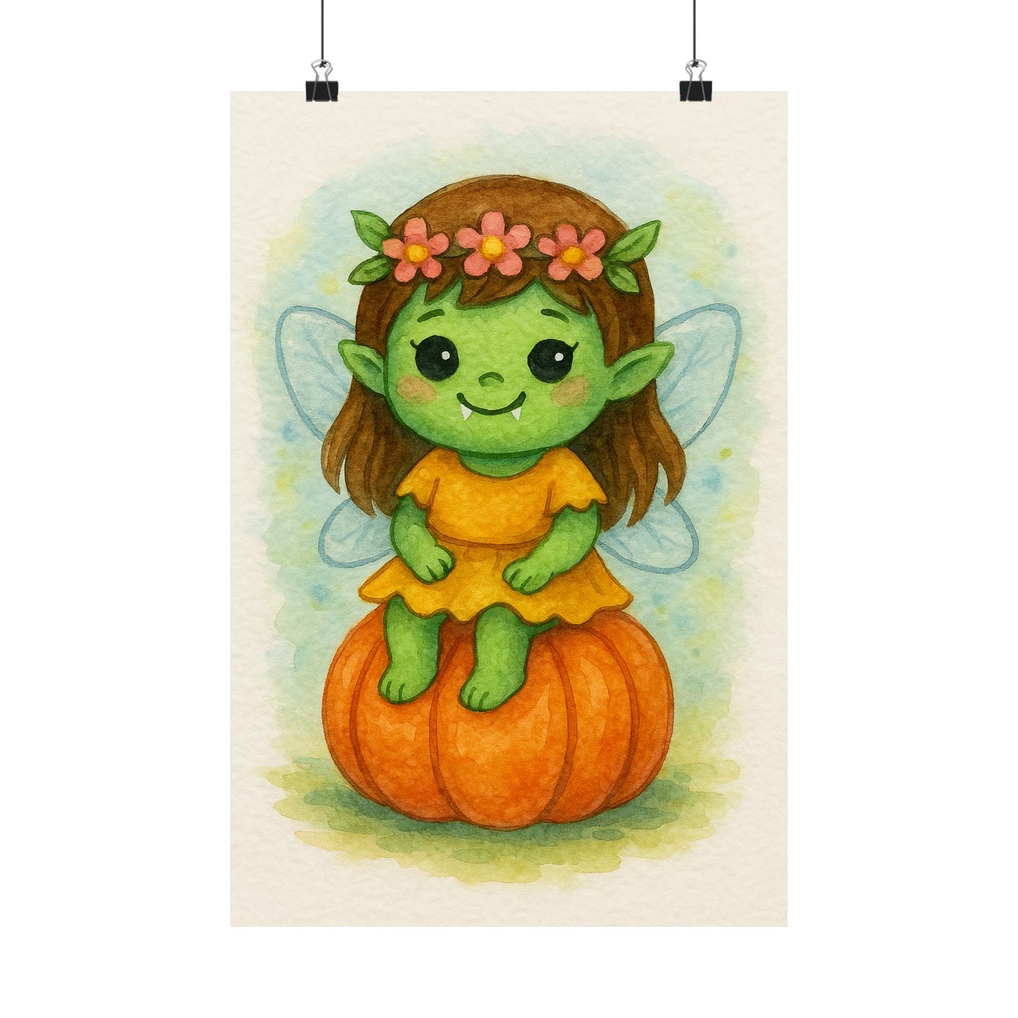 Cute Baby Fairy Monster Halloween Wall Art Poster – Watercolor Monster Print on Pumpkin – Whimsical Nursery & Holiday Decor
