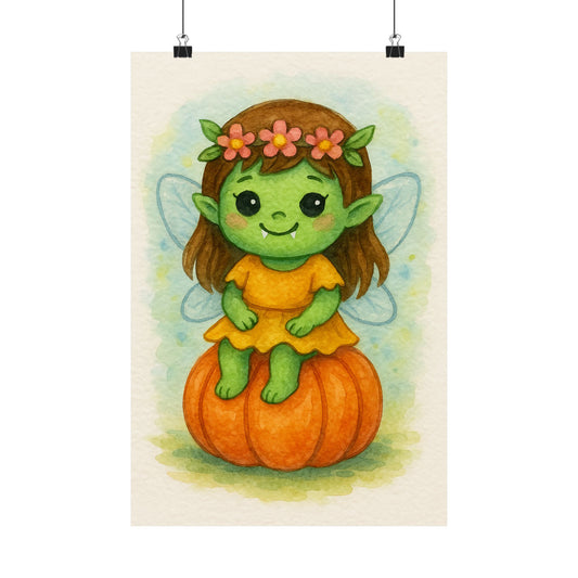 Cute Baby Fairy Monster Halloween Wall Art Poster – Watercolor Monster Print on Pumpkin – Whimsical Nursery & Holiday Decor