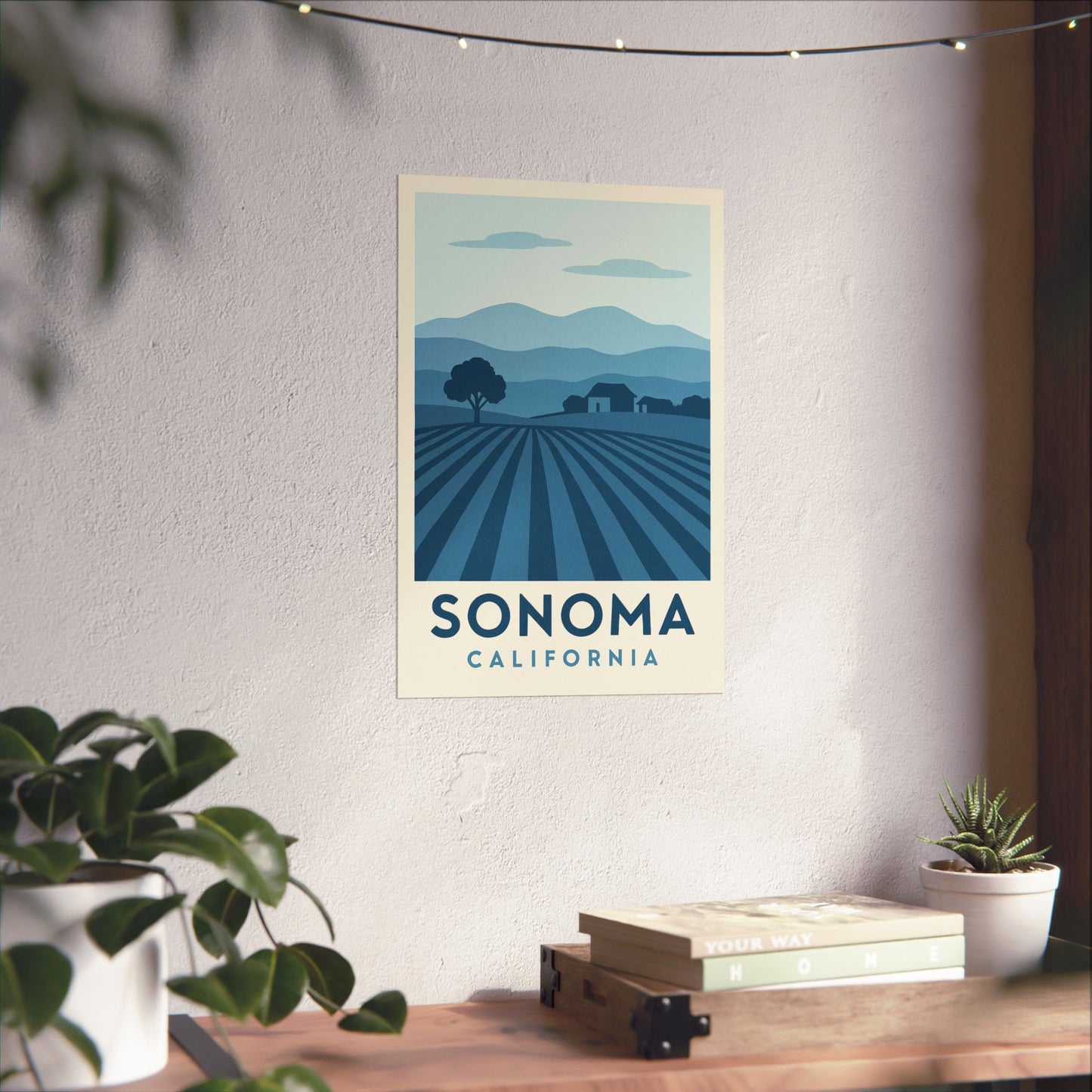 Sonoma Poster – Blue Tones - Retro Wine Country Wall Art, California Vineyard Landscape Print, Minimalist Travel Decor