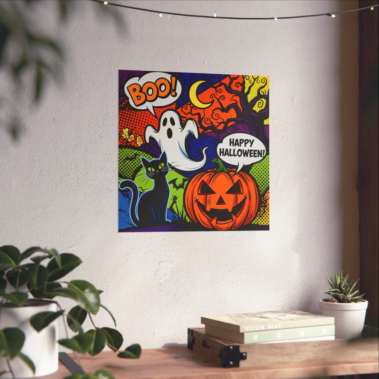 Halloween Pop Art Fine Art Print – Colorful Ghost, Black Cat & Pumpkin Wall Art Poster, Retro Comic Style Spooky Decor