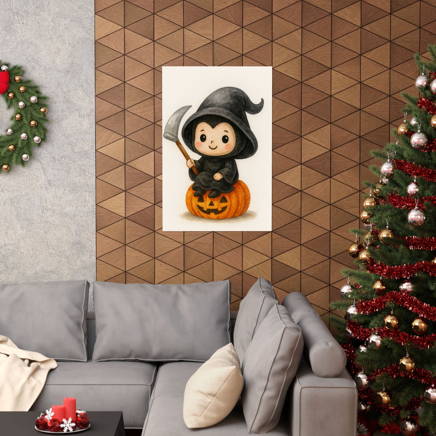 Cute Baby Grim Reaper Halloween Wall Art Poster – Watercolor Monster Print on Pumpkin – Whimsical Nursery & Holiday Decor