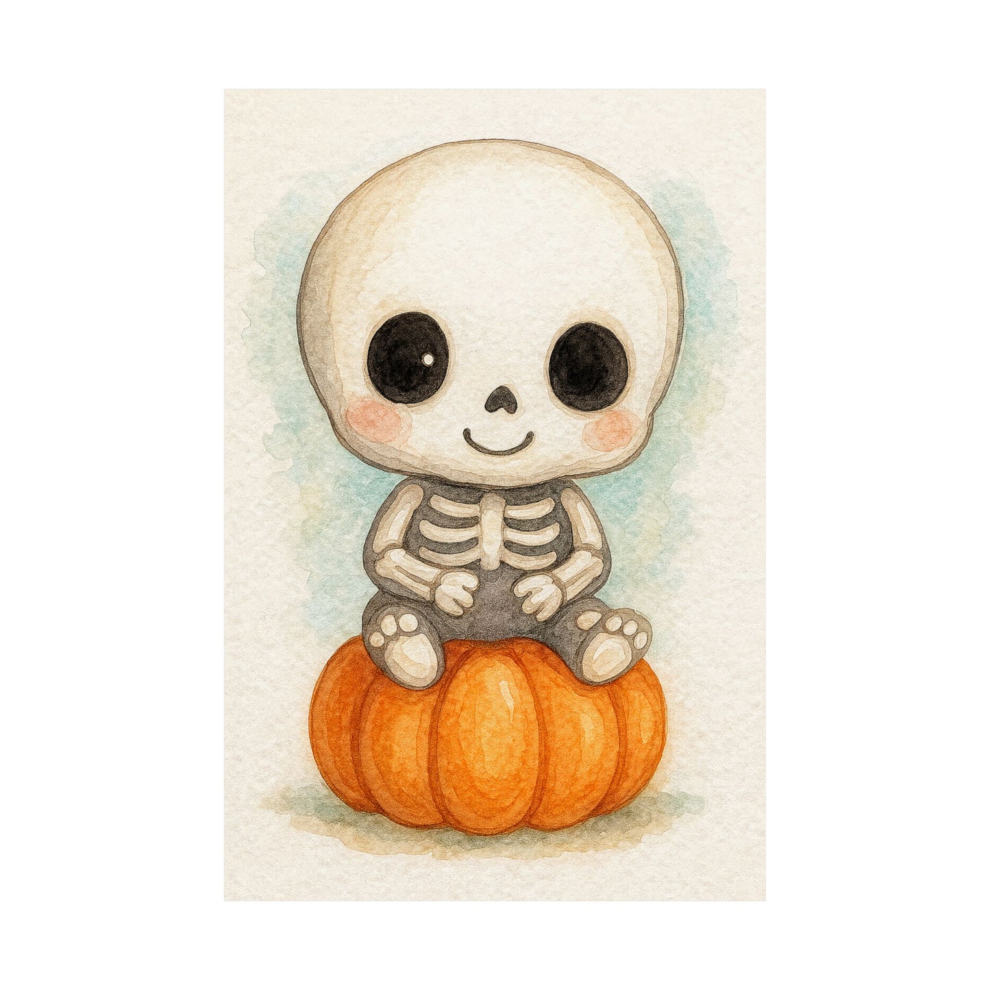 Cute Baby Skeleton Halloween Wall Art Poster – Watercolor Monster Print on Pumpkin – Whimsical Nursery & Holiday Decor