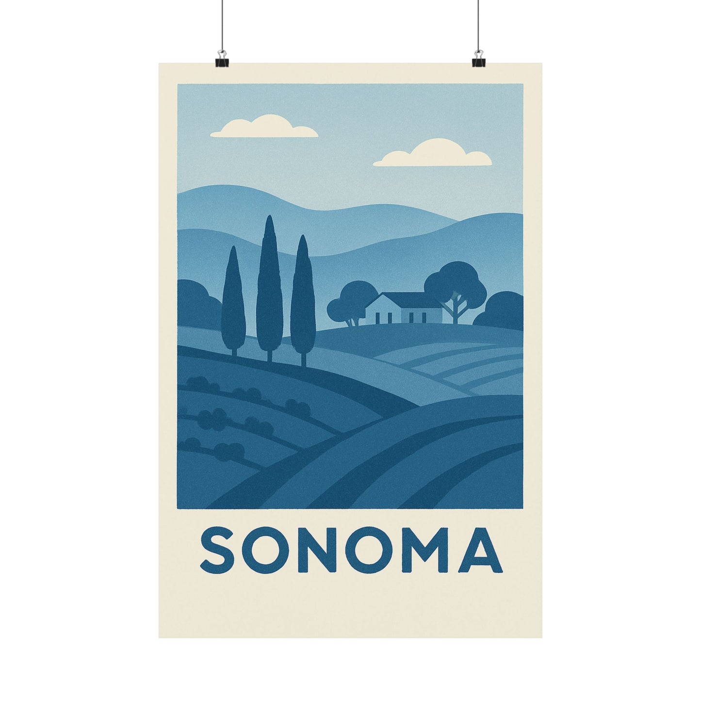 Sonoma Poster – Blue Tones - Retro Wine Country Wall Art, California Vineyard Landscape Print, Minimalist Travel Decor