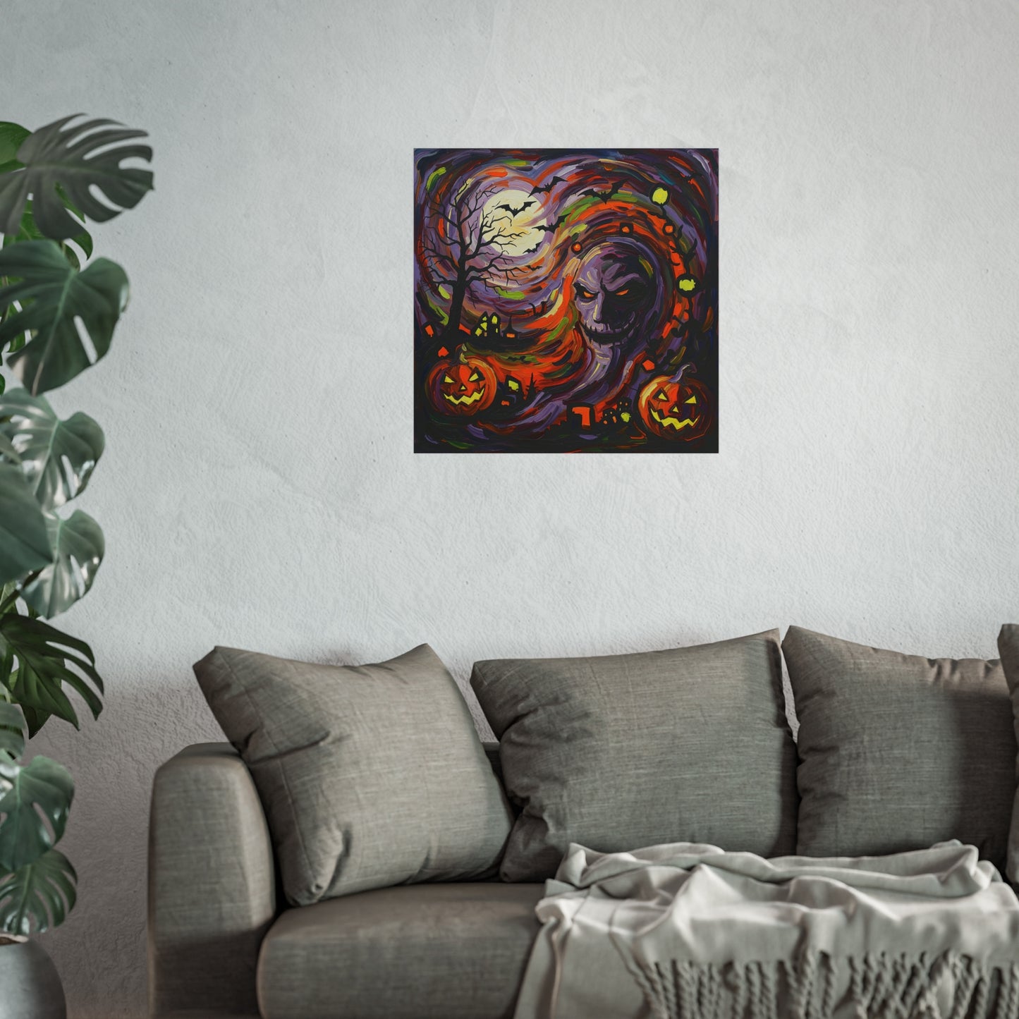 Halloween Abstract Expressionist Fine Art Print β Spooky Skull & Pumpkin Wall Art Poster, Haunted Night Decor with Bats and Full Moon