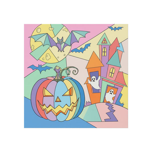 Halloween Pastel Cubist Fine Art Print – Colorful Pumpkin, Ghosts & Bats Wall Art Poster, Modern Geometric Autumn Decor