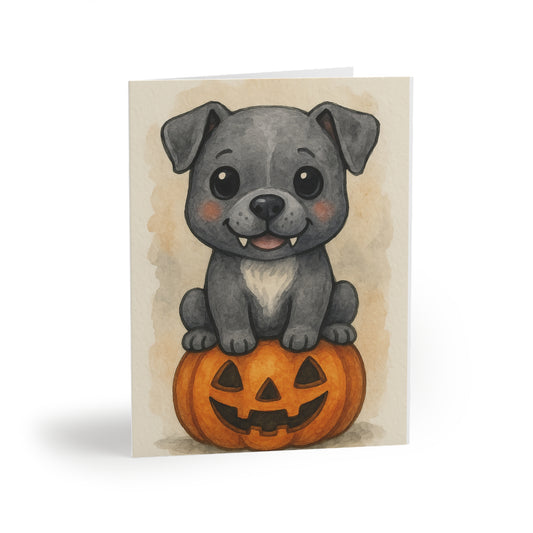 Halloween Pitbull Puppy Greeting Card – Cute Puppy Monster on Pumpkin – Spooky Cute Monster Card for Dog Lovers