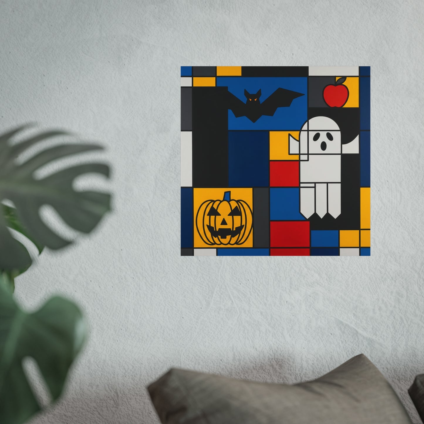 Modern Halloween Abstract Fine Art Print – Geometric Ghost, Bat & Pumpkin Wall Art Poster, Mondrian Style Contemporary Decor