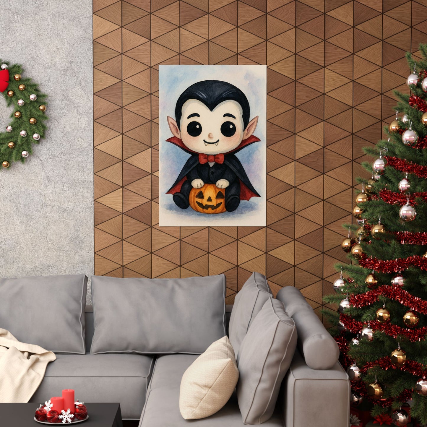 Cute Baby Vampire Halloween Wall Art Poster – Watercolor Monster Print on Pumpkin – Whimsical Nursery & Holiday Decor