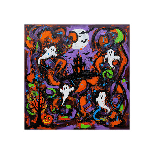 Halloween Ghost Abstract Expressionist Fine Art Print – Haunted House Wall Art Poster, Spooky Colorful Autumn Home Decor