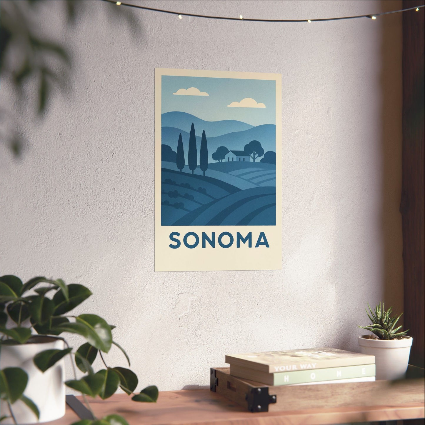 Sonoma Poster – Blue Tones - Retro Wine Country Wall Art, California Vineyard Landscape Print, Minimalist Travel Decor