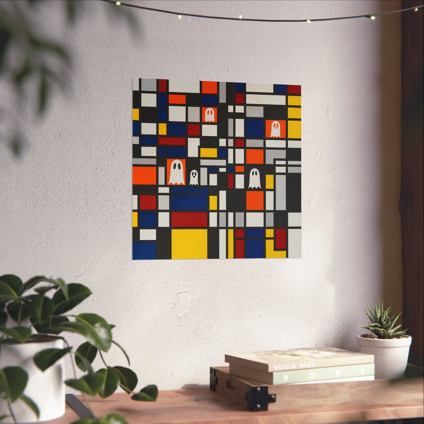 Modern Halloween Ghost Fine Art Print – Mondrian Style Abstract Wall Art Poster, Contemporary Spooky Autumn Decor