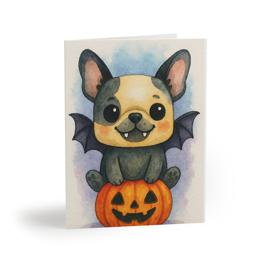 Halloween French Bulldog Puppy Greeting Card – Cute Puppy Monster on Pumpkin – Spooky Cute Monster Card for Dog Lovers