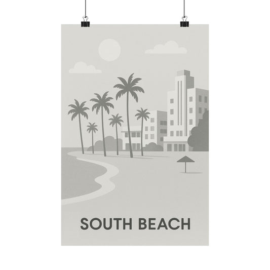South Beach Miami Poster – Grey Tones - Retro Vintage Travel Wall Art, Beach Print, Coastal Decor, Ocean Sunset Artwork