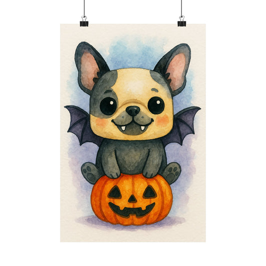 Cute Halloween Puppy Monster Print – French Bulldog (Frenchie) Puppy on Jack-o’-Lantern Pumpkin | Watercolor Dog Wall Art for Fall & Halloween Décor