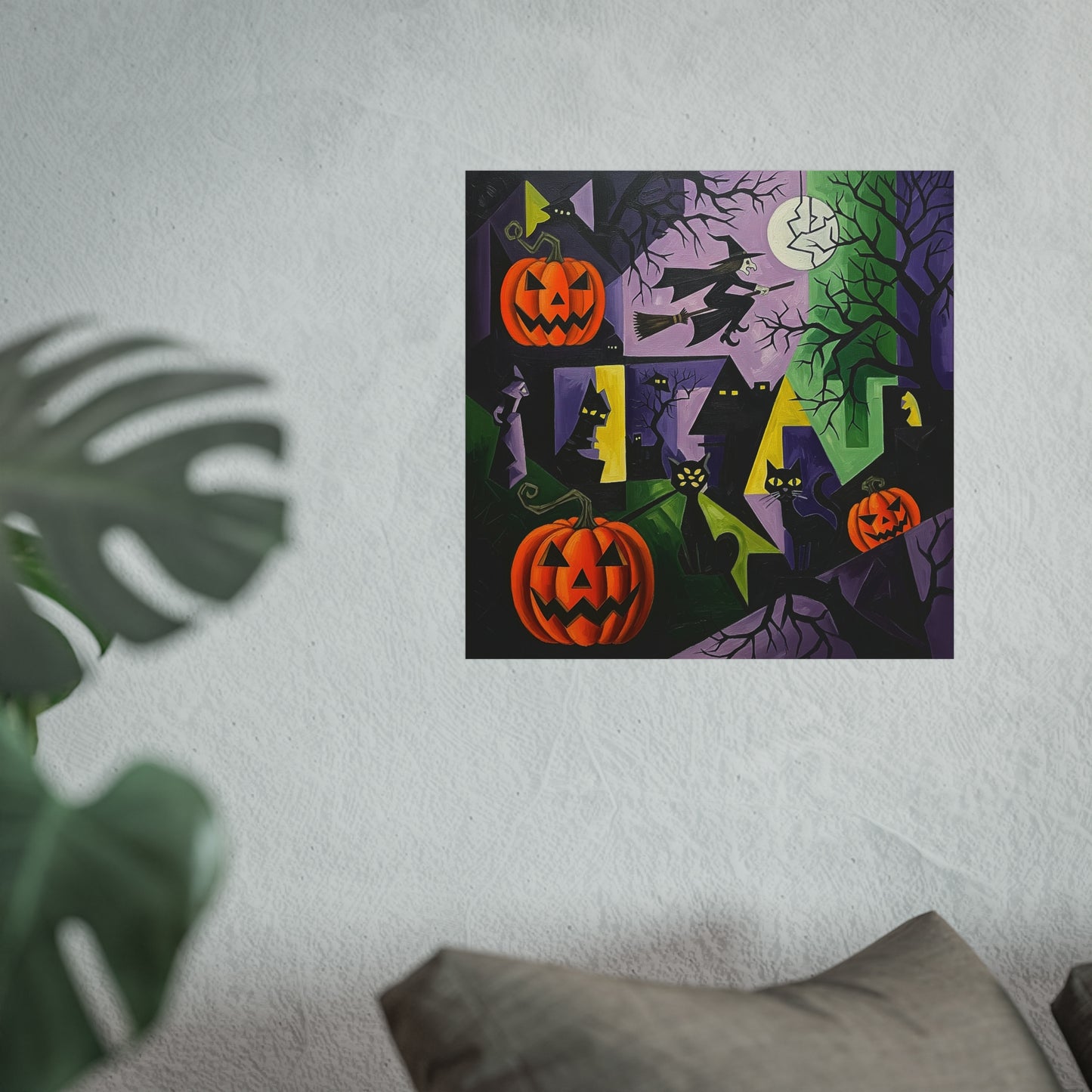 Halloween Cubist Fine Art Print – Witch, Black Cats & Pumpkins Abstract Wall Art Poster, Spooky Autumn Gothic Decor