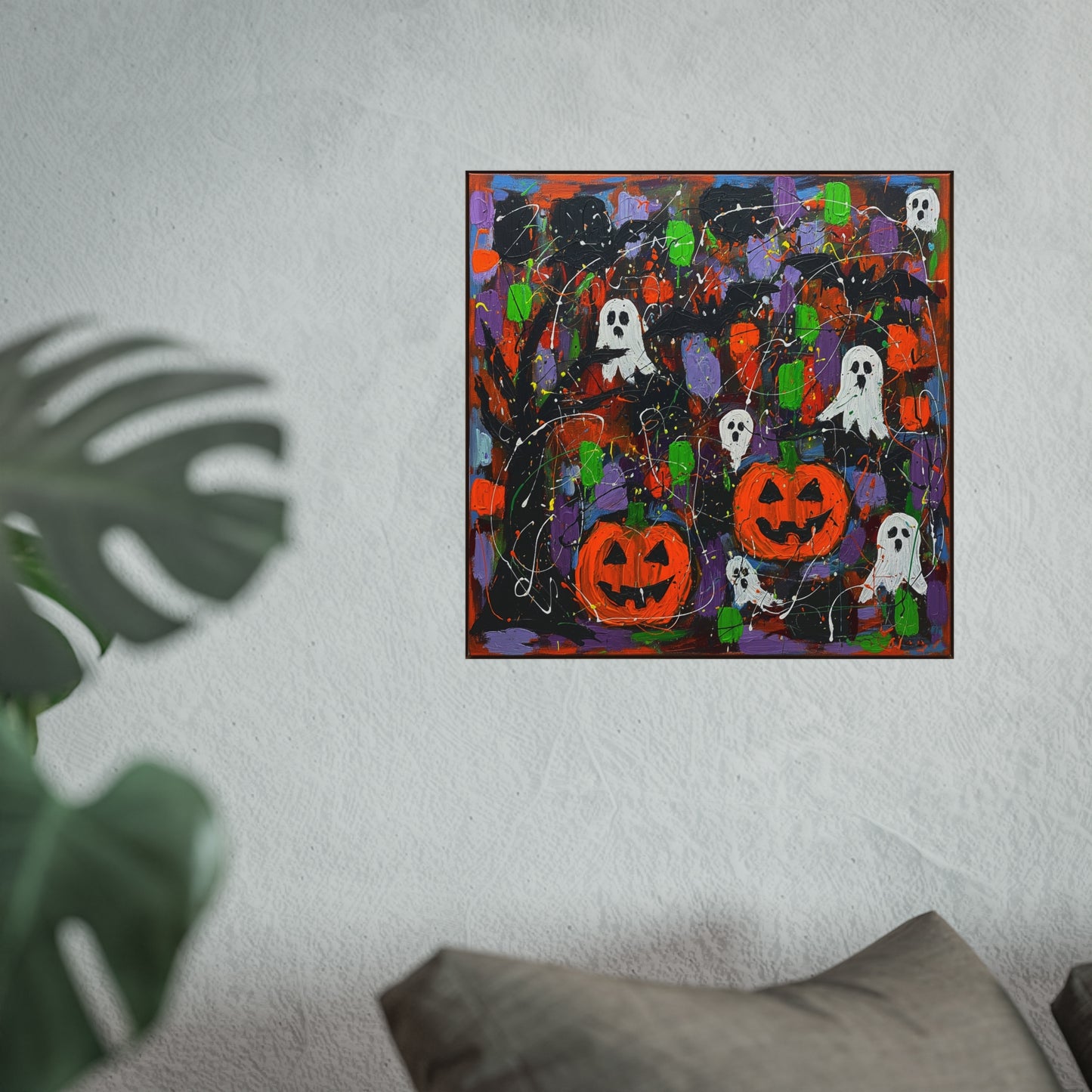 Halloween Ghosts & Pumpkins Abstract Expressionist Fine Art Print – Colorful Spooky Wall Art Poster, Modern Autumn Party Decor