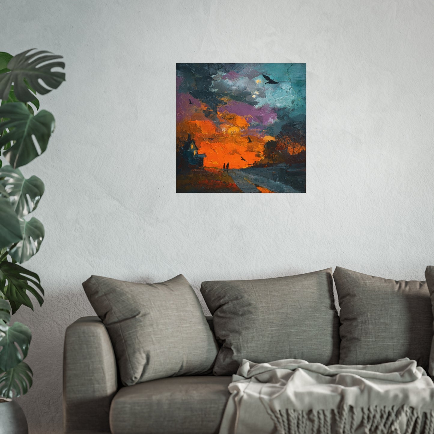 Halloween Haunted House Abstract Fine Art Print – Spooky Crow Sunset Painting, Autumn Wall Decor Poster, Gothic Fall Artwork