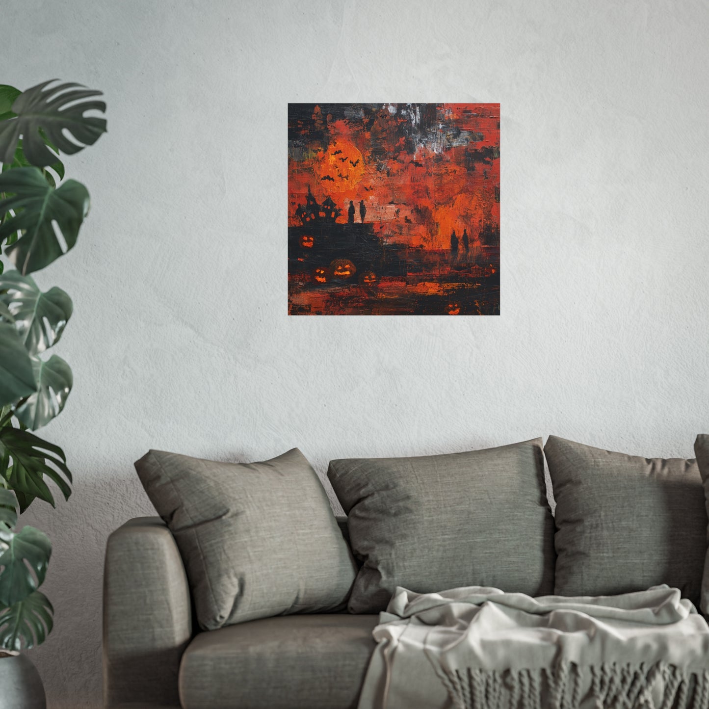 Haunted Halloween Abstract Fine Art Print – Spooky Pumpkin & Haunted House Wall Art, Gothic Autumn Decor Poster, Bats and Moon Painting
