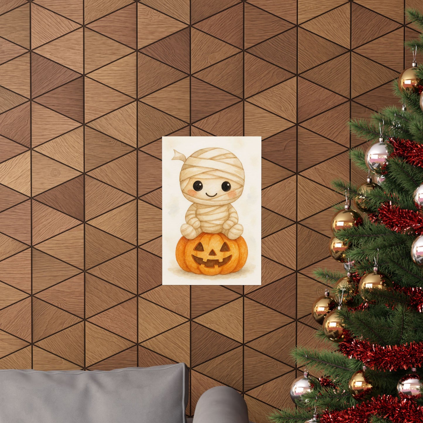 Cute Baby Mummy Monster Halloween Wall Art Poster – Watercolor Monster Print on Pumpkin – Whimsical Nursery & Holiday Decor