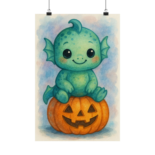 Cute Baby Sea Monster Halloween Wall Art Poster – Watercolor Monster Print on Pumpkin – Whimsical Nursery & Holiday Decor