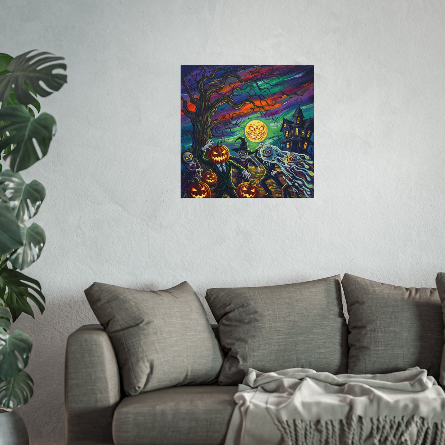 Halloween Pumpkin Head Monsters Fine Art Print – Haunted House Expressionist Wall Art Poster, Spooky Gothic Autumn Decor