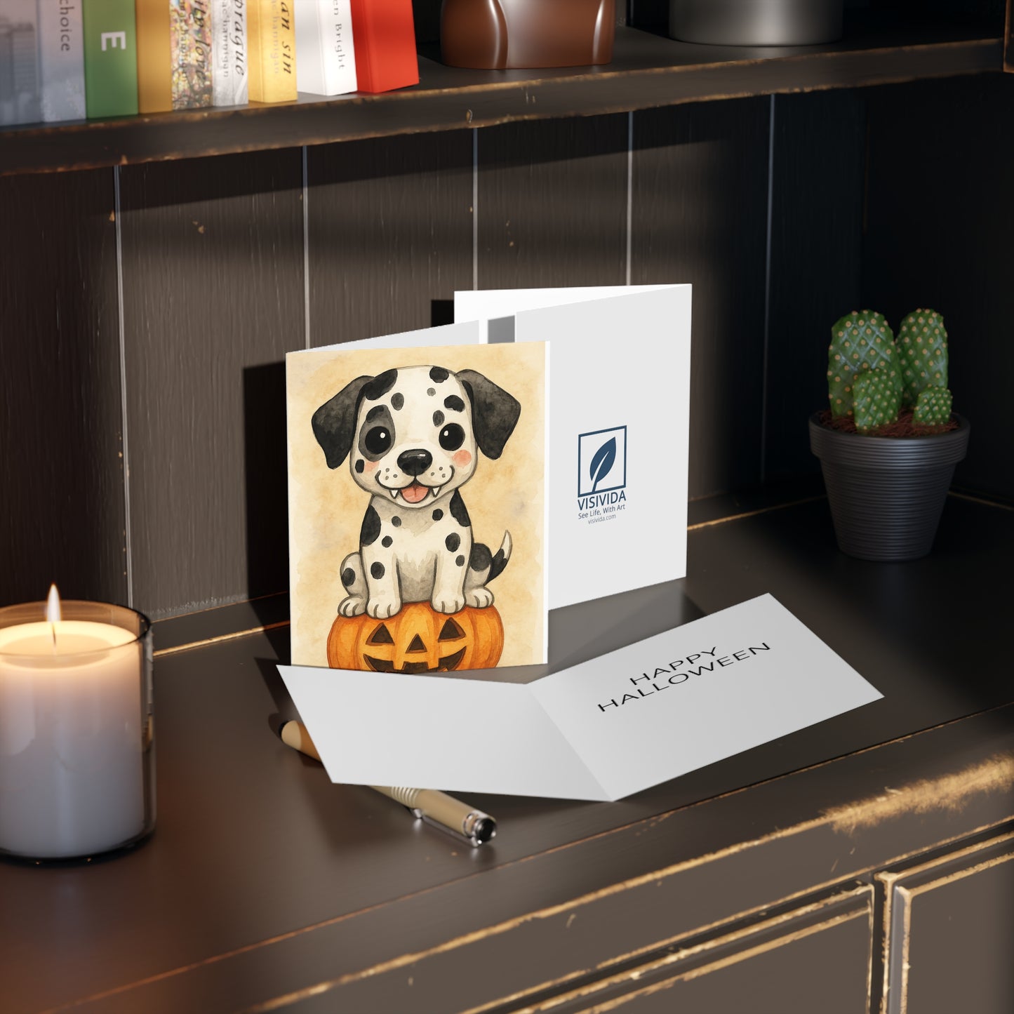 Halloween Great Dane Puppy Greeting Card – Cute Puppy Monster on Pumpkin – Spooky Cute Monster Card for Dog Lovers
