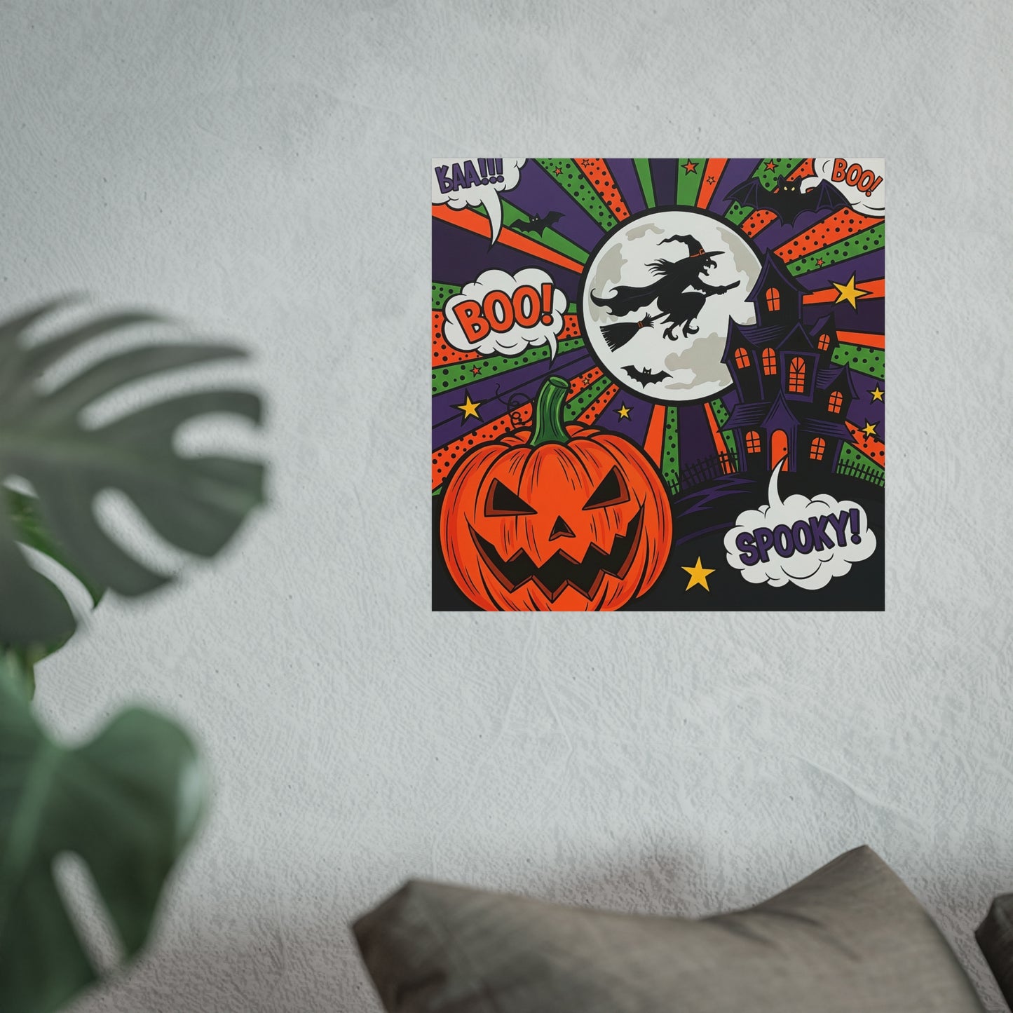 Halloween Pop Art Poster – Witch, Haunted House & Pumpkin Wall Décor with Retro Comic Style