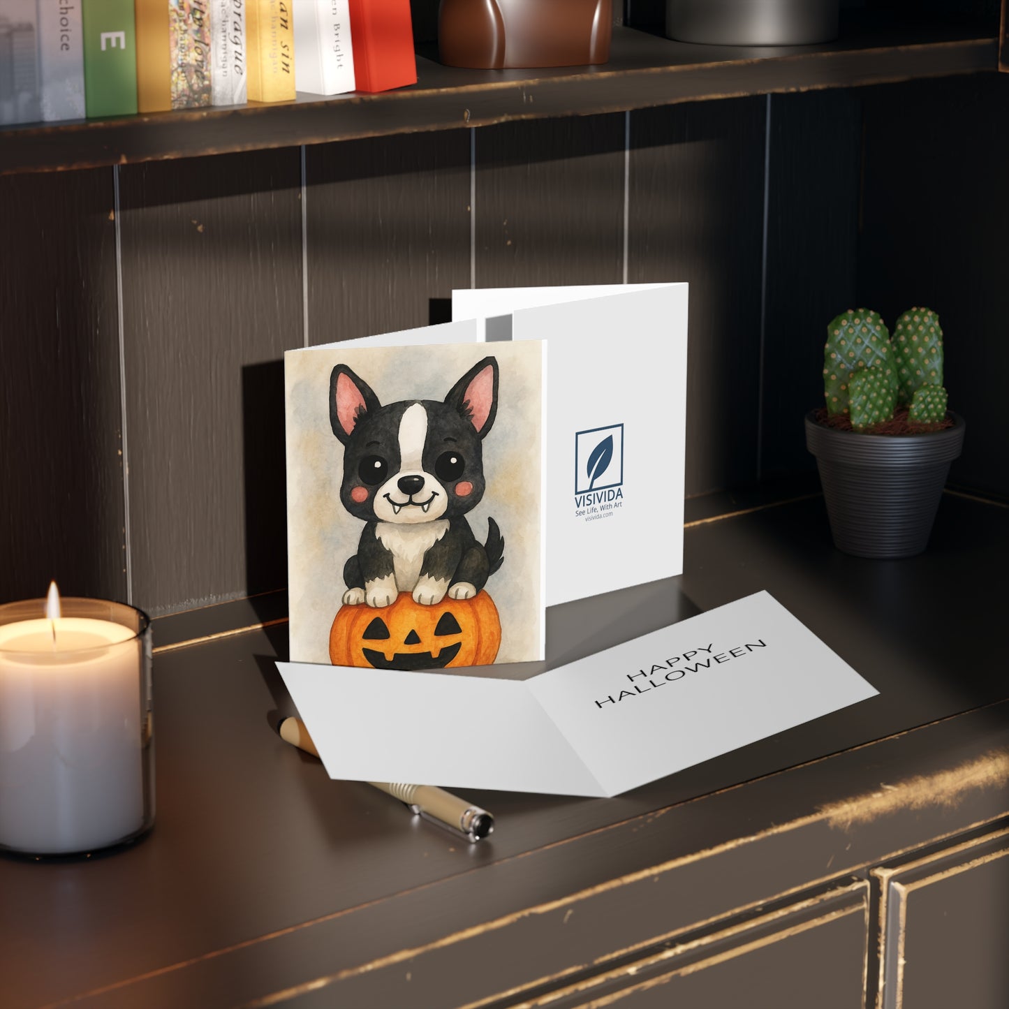 Halloween Boston Terrier Puppy Greeting Card – Cute Puppy Monster on Pumpkin – Spooky Cute Monster Card for Dog Lovers