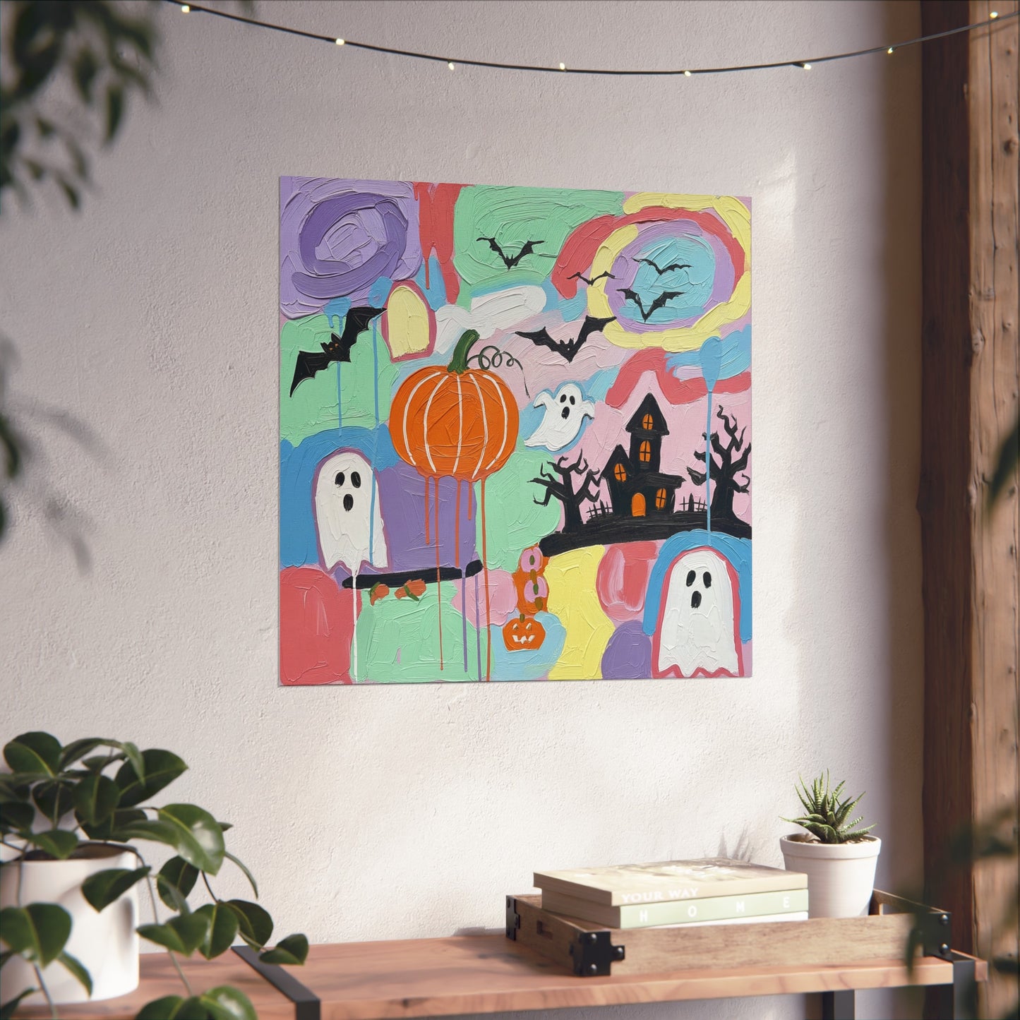 Halloween Pastel Abstract Fine Art Print – Colorful Ghosts, Pumpkin & Haunted House Wall Art Poster, Whimsical Autumn Decor