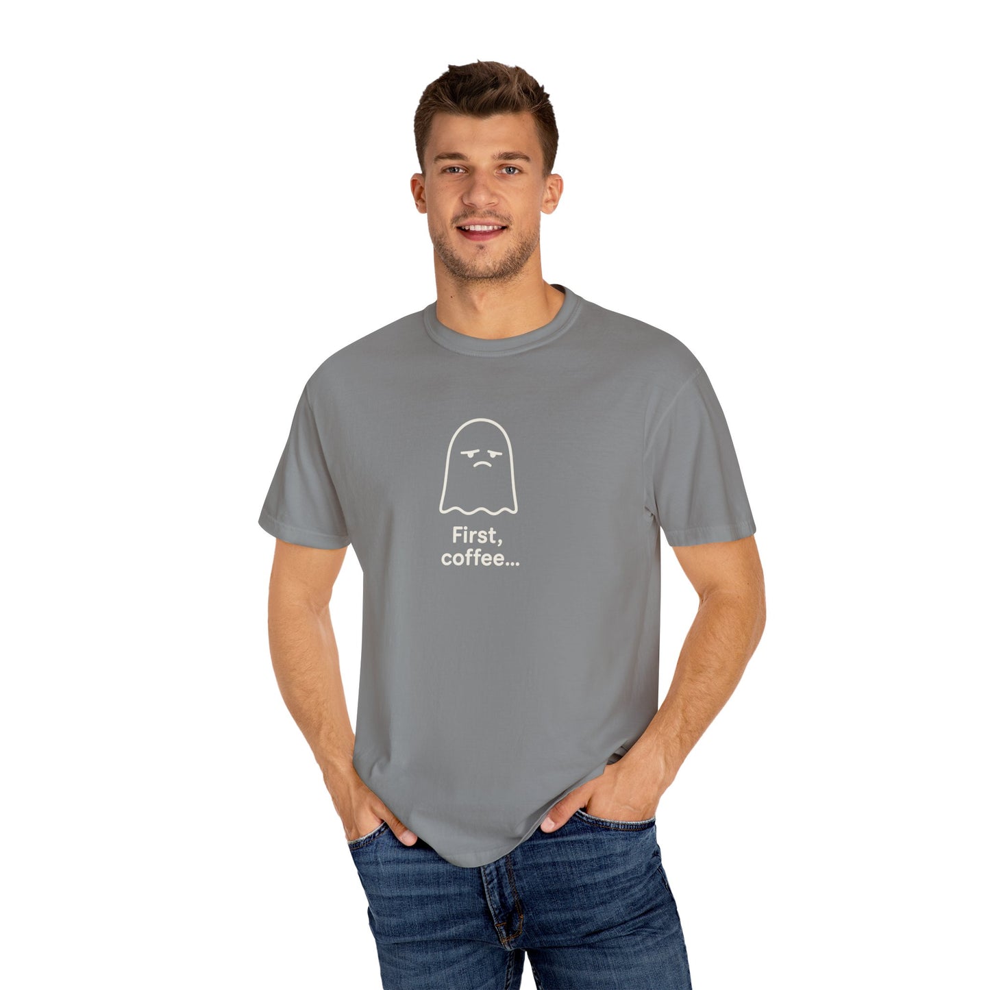 Man wearing a gray t-shirt with a graphic and text on a white background