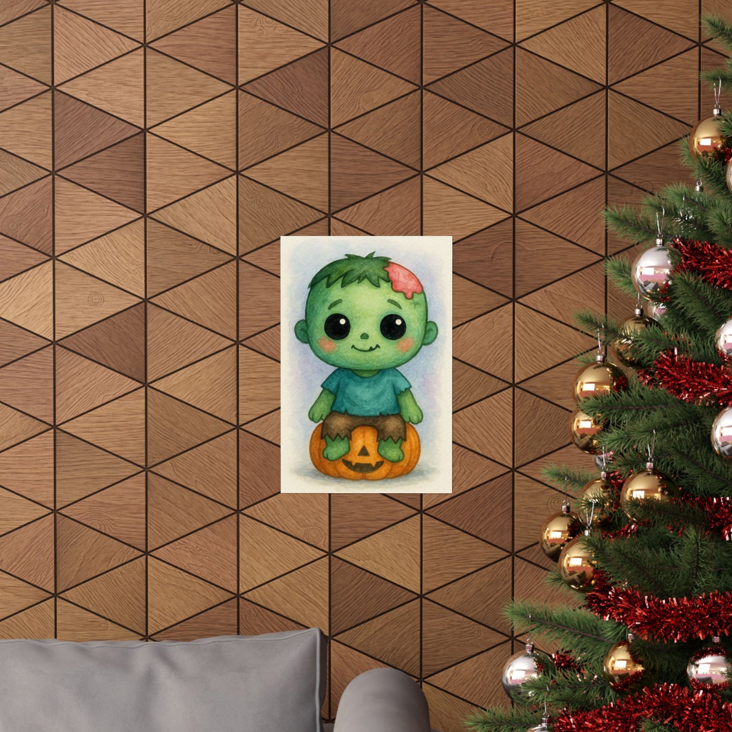 Cute Baby Zombie Halloween Wall Art Poster – Watercolor Monster Print on Pumpkin – Whimsical Nursery & Holiday Decor