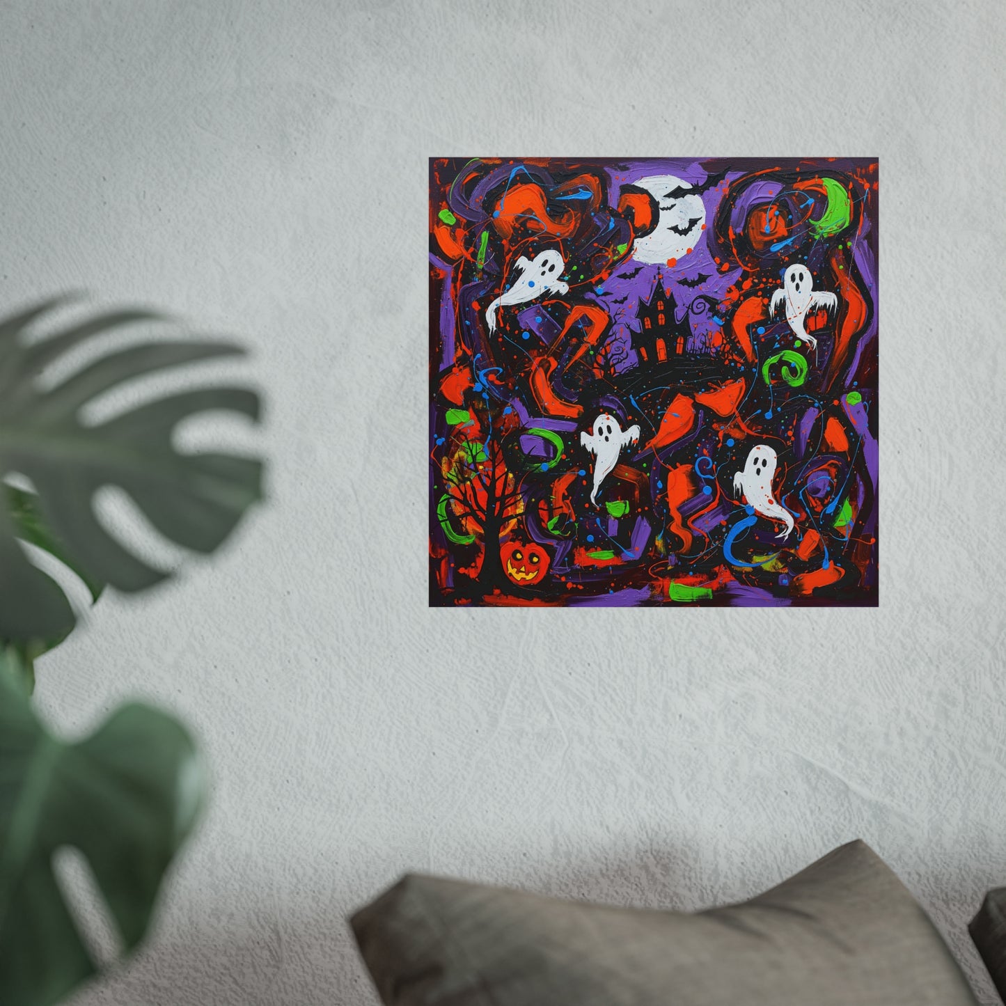 Halloween Ghost Abstract Expressionist Fine Art Print β Haunted House Wall Art Poster, Spooky Colorful Autumn Home Decor