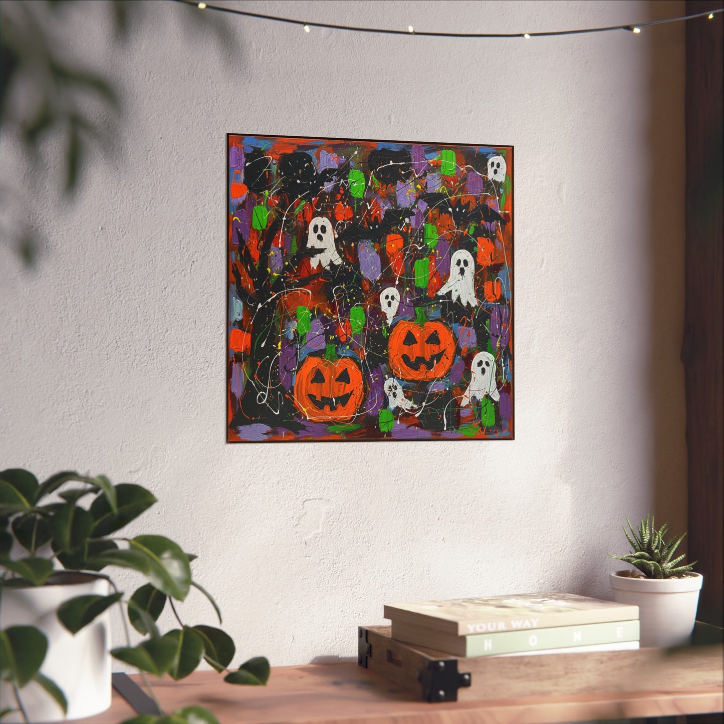 Halloween Ghosts & Pumpkins Abstract Expressionist Fine Art Print – Colorful Spooky Wall Art Poster, Modern Autumn Party Decor