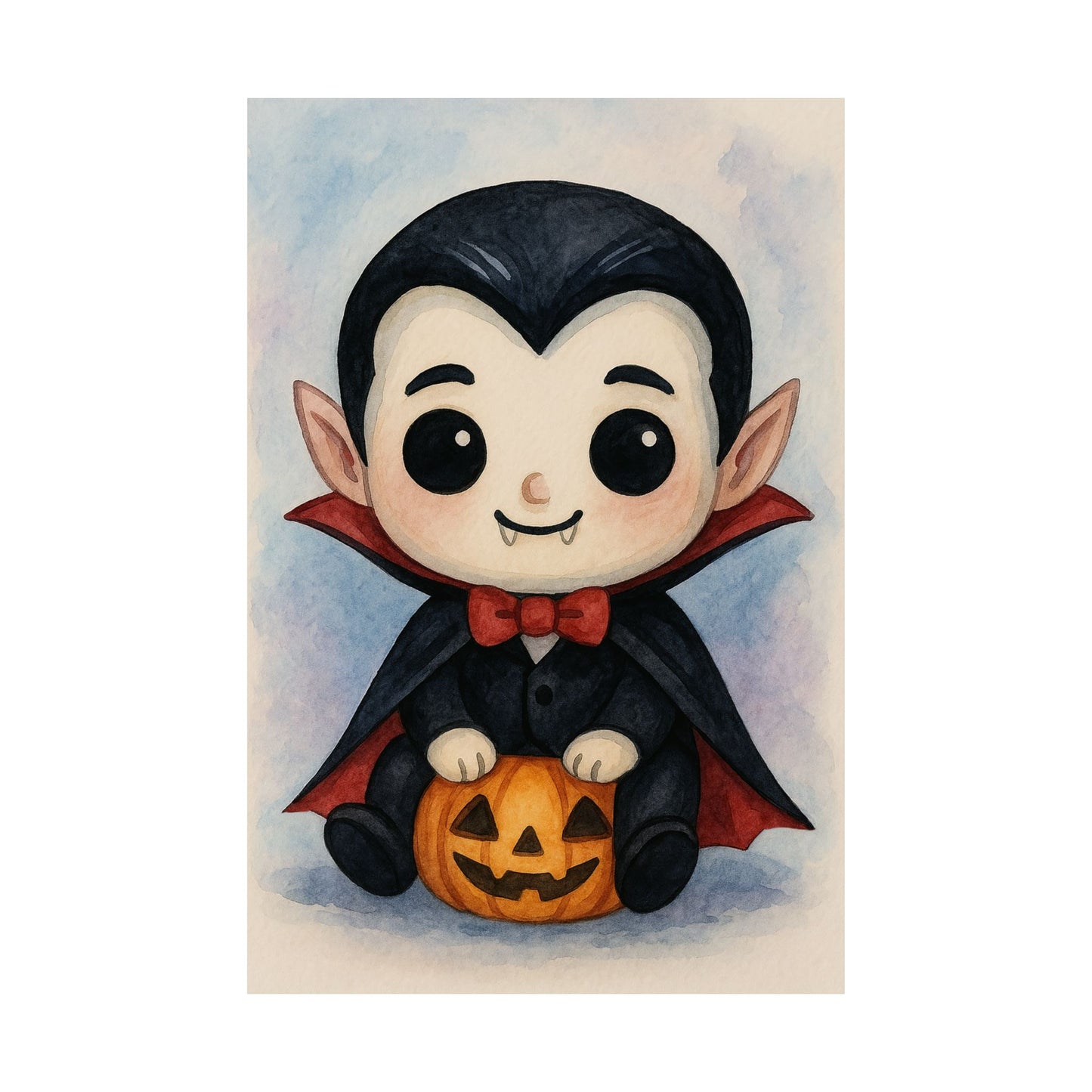 Cute Baby Vampire Halloween Wall Art Poster – Watercolor Monster Print on Pumpkin – Whimsical Nursery & Holiday Decor
