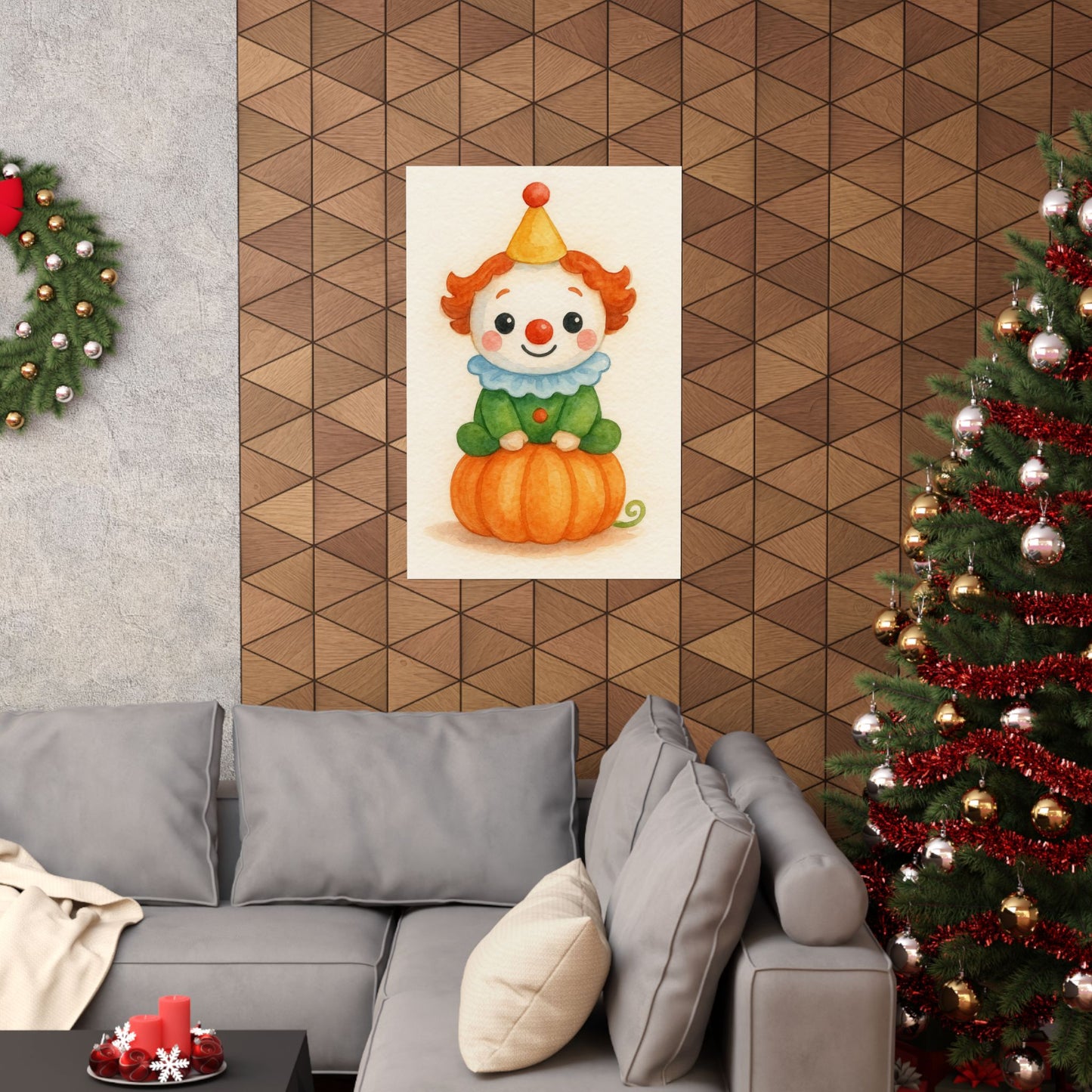 Cute Baby Clown Monster Halloween Wall Art Poster – Watercolor Monster Print on Pumpkin – Whimsical Nursery & Holiday Decor