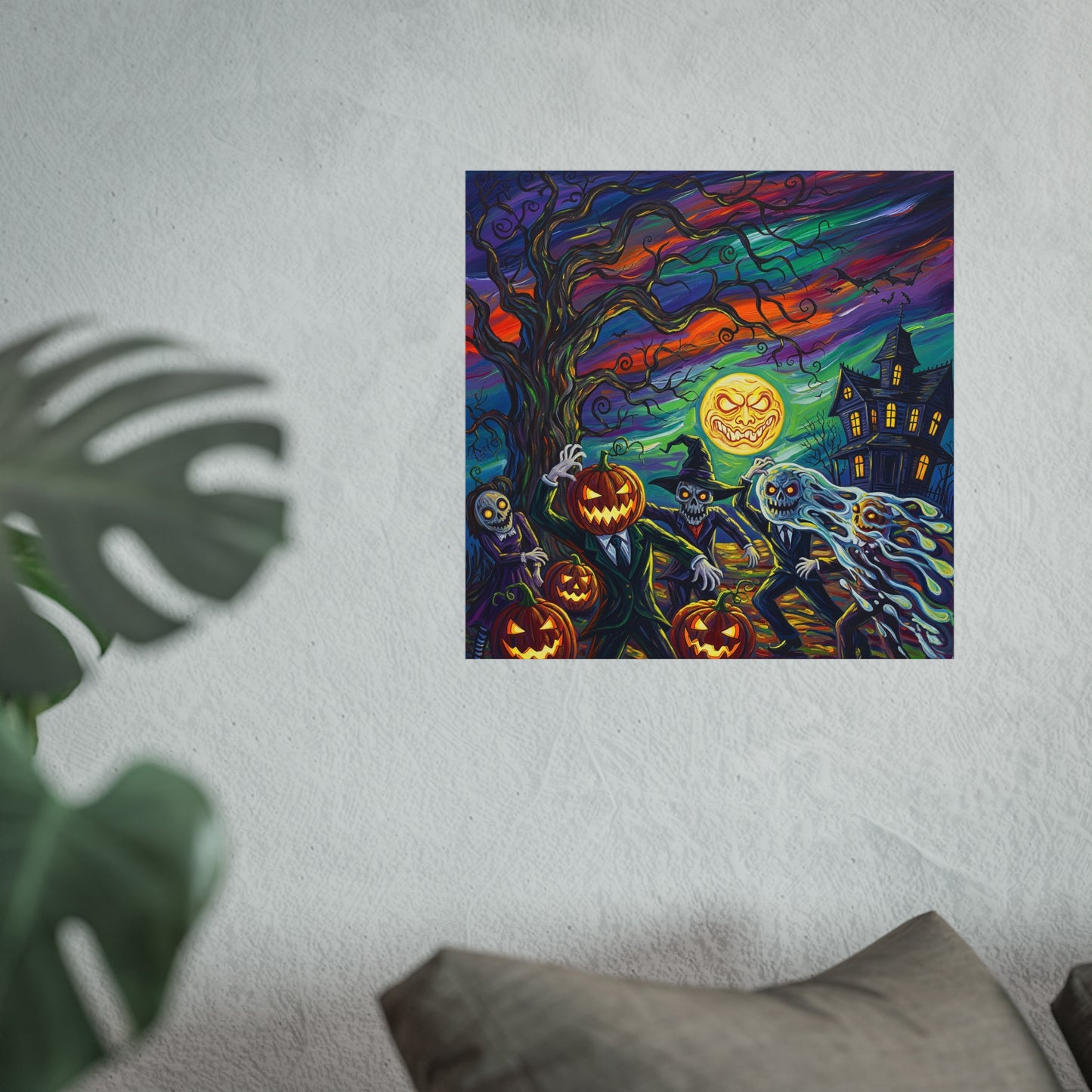 Halloween Pumpkin Head Monsters Fine Art Print – Haunted House Expressionist Wall Art Poster, Spooky Gothic Autumn Decor