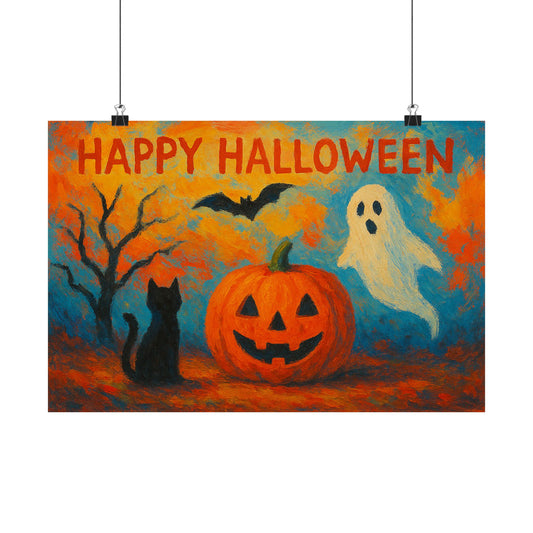 Happy Halloween Pumpkin, Bat, Ghost, & Black Cat Poster – Spooky Wall Art, Halloween Wall Art, Autumn Home Decor