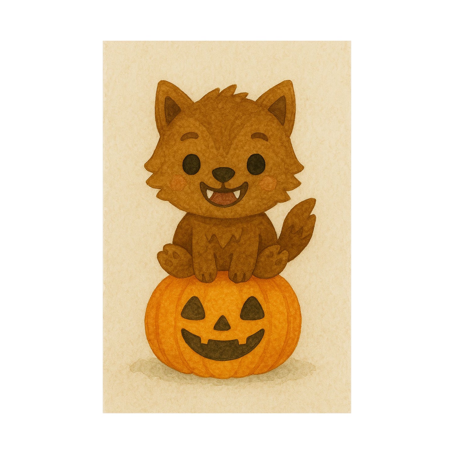 Cute Baby Werewolf Halloween Wall Art Poster – Watercolor Monster Print on Pumpkin – Whimsical Nursery & Holiday Decor