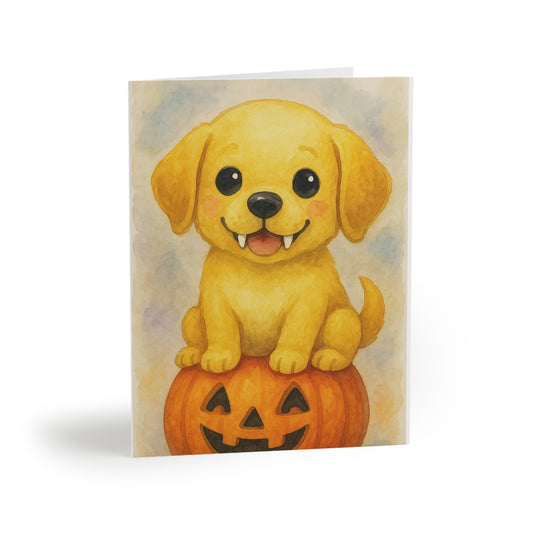 Halloween Yellow Labrador Puppy Greeting Card – Cute Vampire Dog on Pumpkin – Spooky Cute Monster Card for Dog Lovers