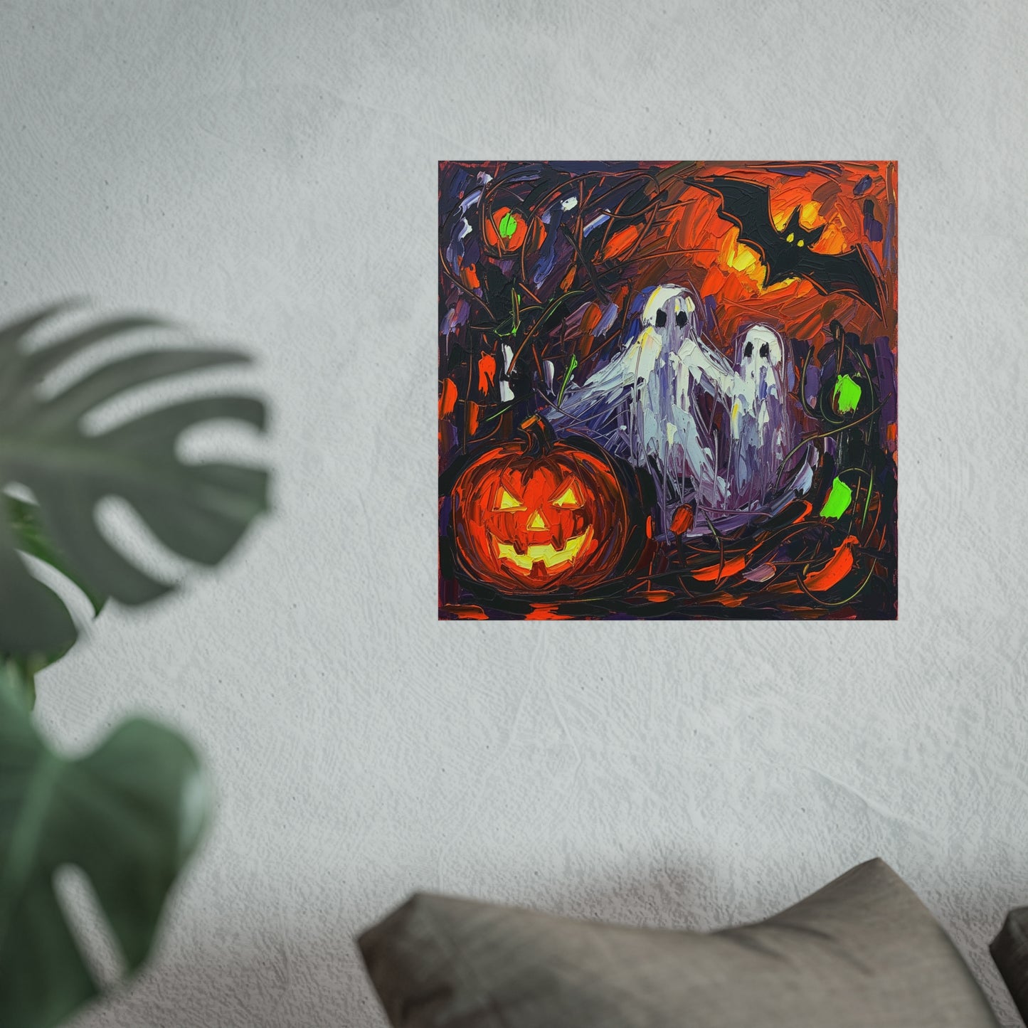 Halloween Ghosts & Pumpkin Abstract Fine Art Print β Spooky Bat Night Wall Art Poster, Painterly Gothic Autumn Decor