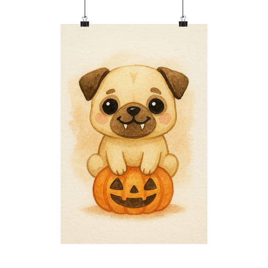 Cute Halloween Puppy Monster Print – Pug Puppy on Jack-o’-Lantern Pumpkin | Watercolor Dog Wall Art for Fall & Halloween Décor