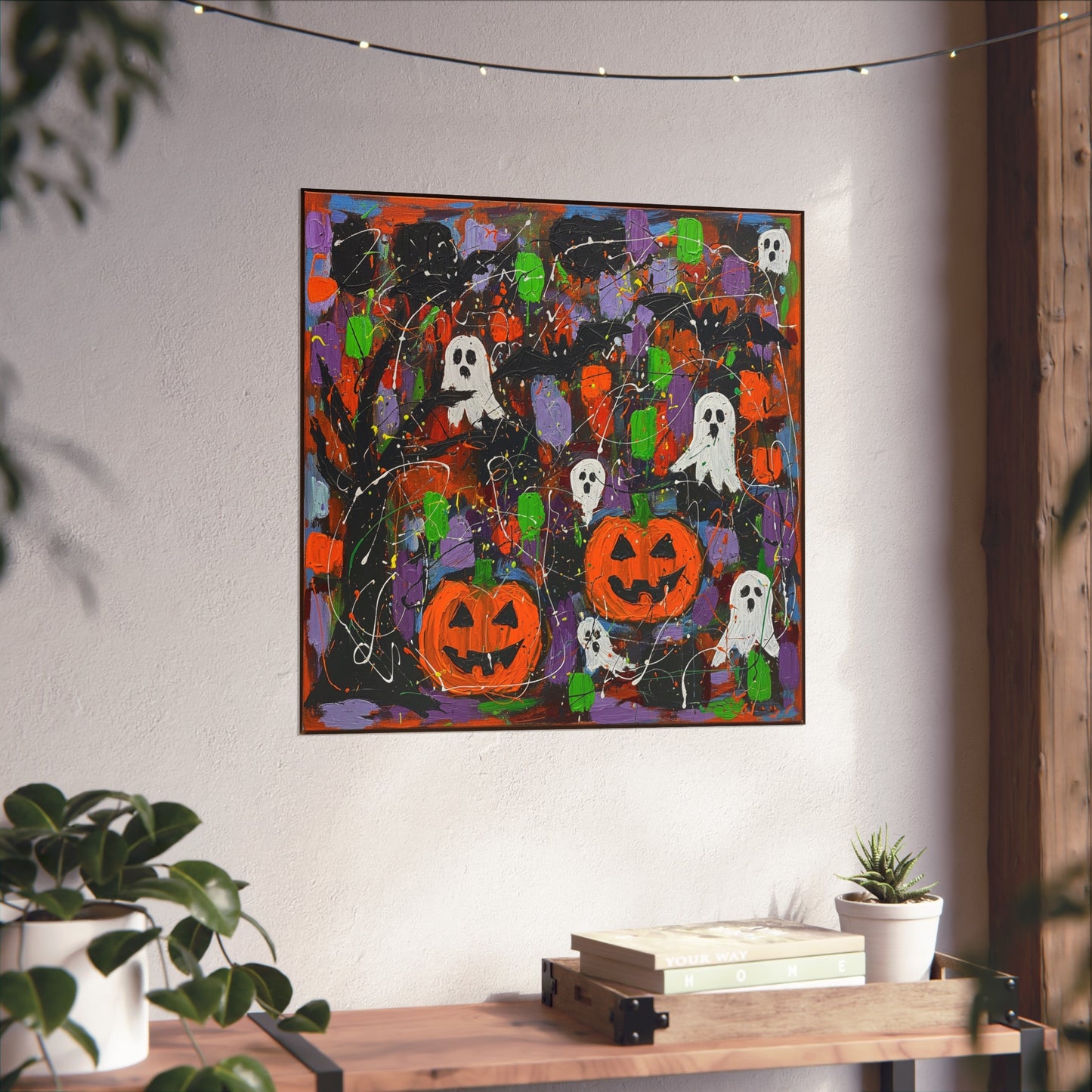 Halloween Ghosts & Pumpkins Abstract Expressionist Fine Art Print – Colorful Spooky Wall Art Poster, Modern Autumn Party Decor