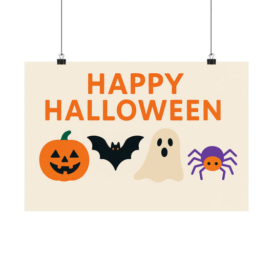 Happy Halloween Minimalist Poster – Cute Ghost, Pumpkin, Bat & Spider Wall Art | Prints or Digital Download