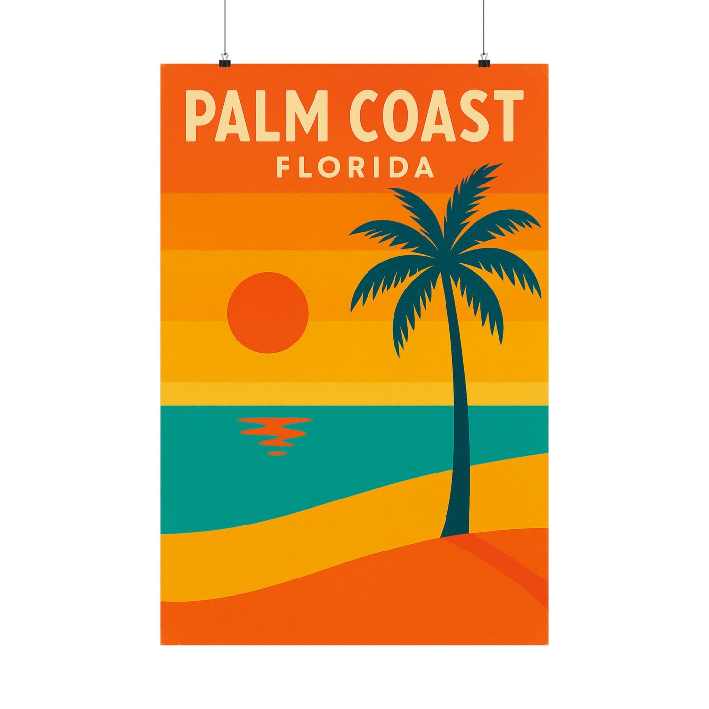 Palm Coast Beach Poster – Retro Travel Print, Tropical Palm Tree & Sunset Wall Art, Coastal Landscape Décor (Various Sizes)