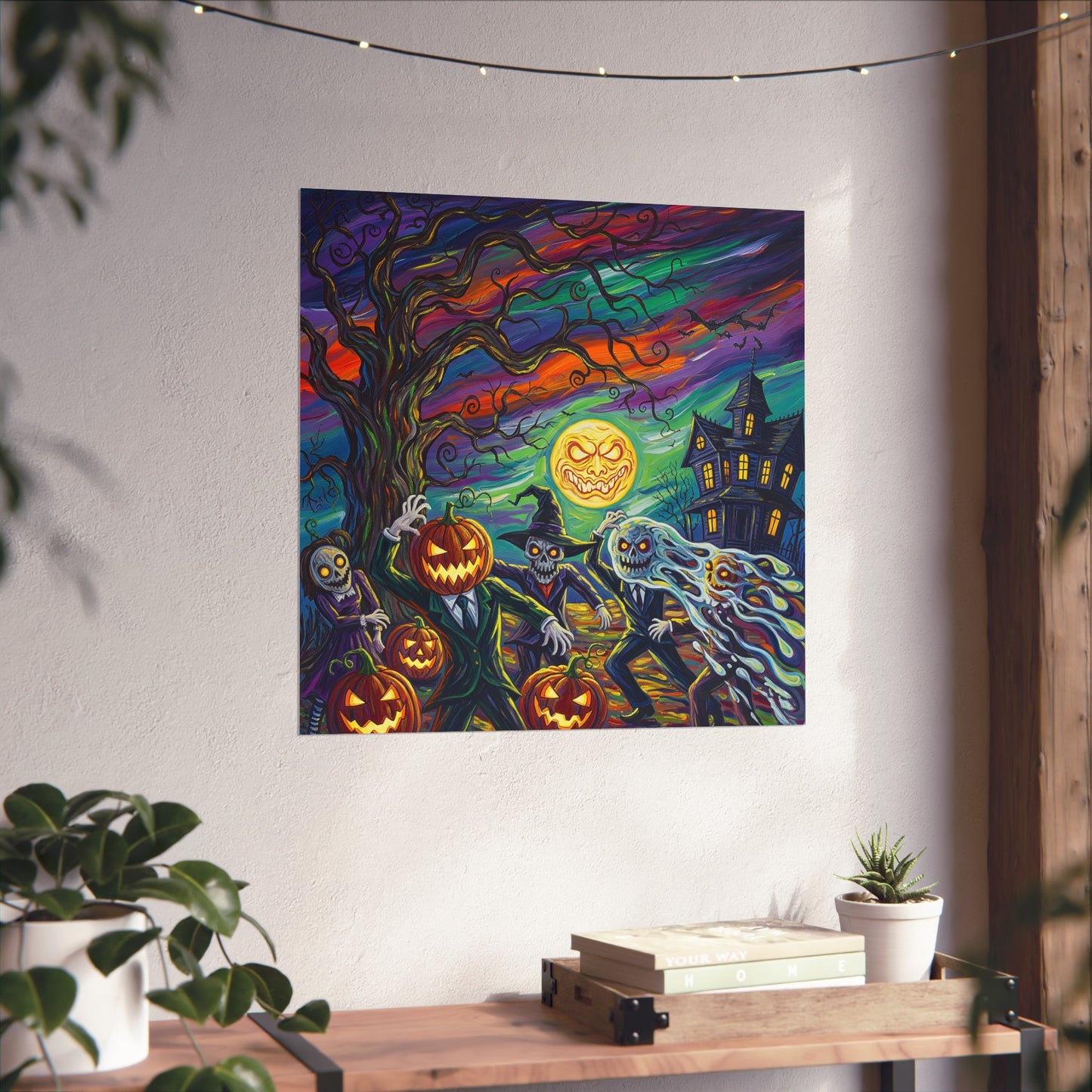Halloween Pumpkin Head Monsters Fine Art Print – Haunted House Expressionist Wall Art Poster, Spooky Gothic Autumn Decor