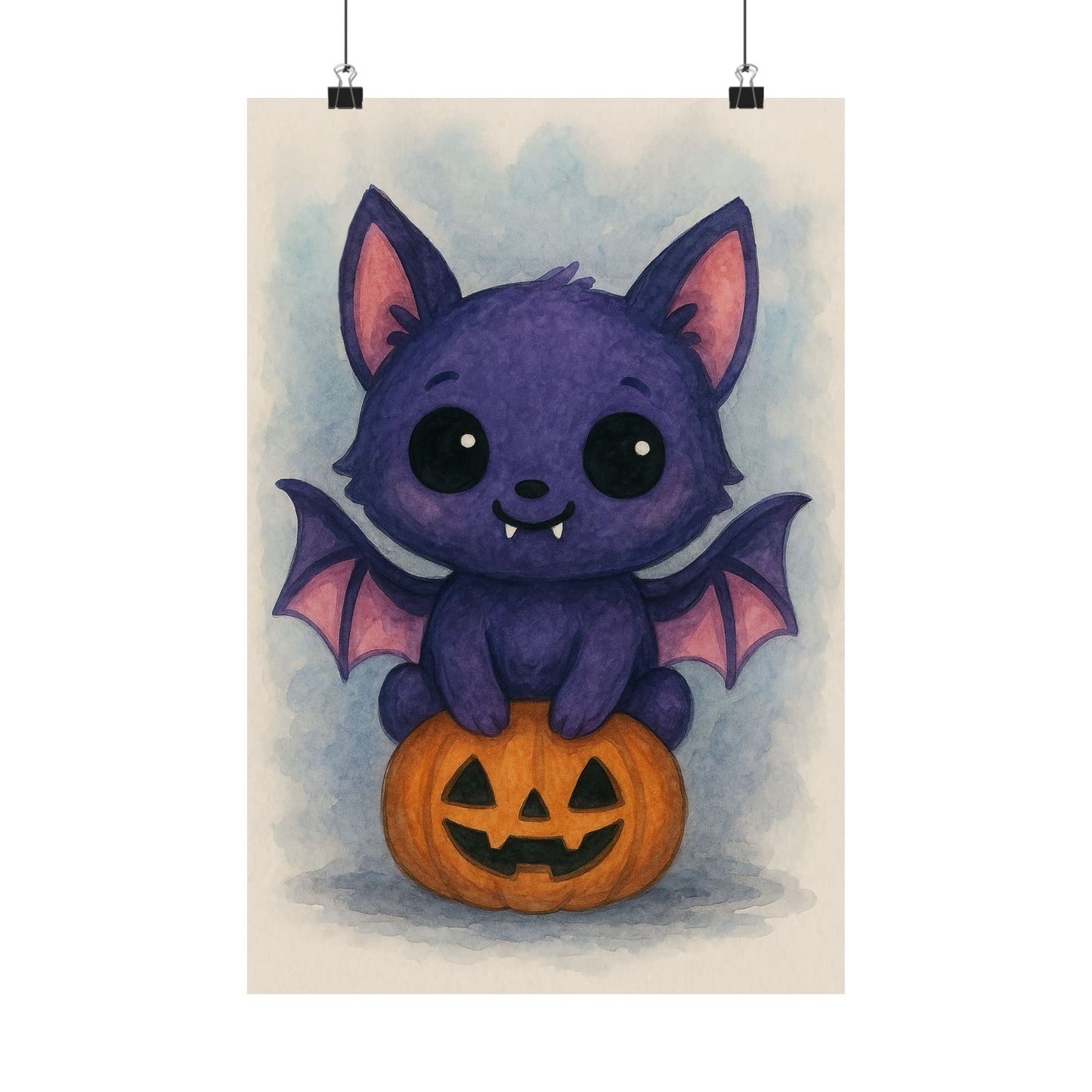 Cute Baby Bat Halloween Wall Art Poster – Watercolor Monster Print on Pumpkin – Whimsical Nursery & Holiday Decor