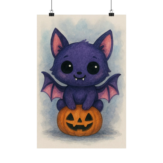 Cute Baby Bat Halloween Wall Art Poster – Watercolor Monster Print on Pumpkin – Whimsical Nursery & Holiday Decor